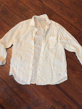 Tommy Bahama White Linen Button Down Shirt Mens M Marlin Logo